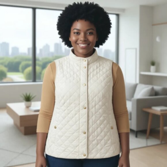 Talbots Quilted Vest Ivory White Fleece Lined Zip Snap Pockets Women’s Plus 2X - Picture 1 of 13